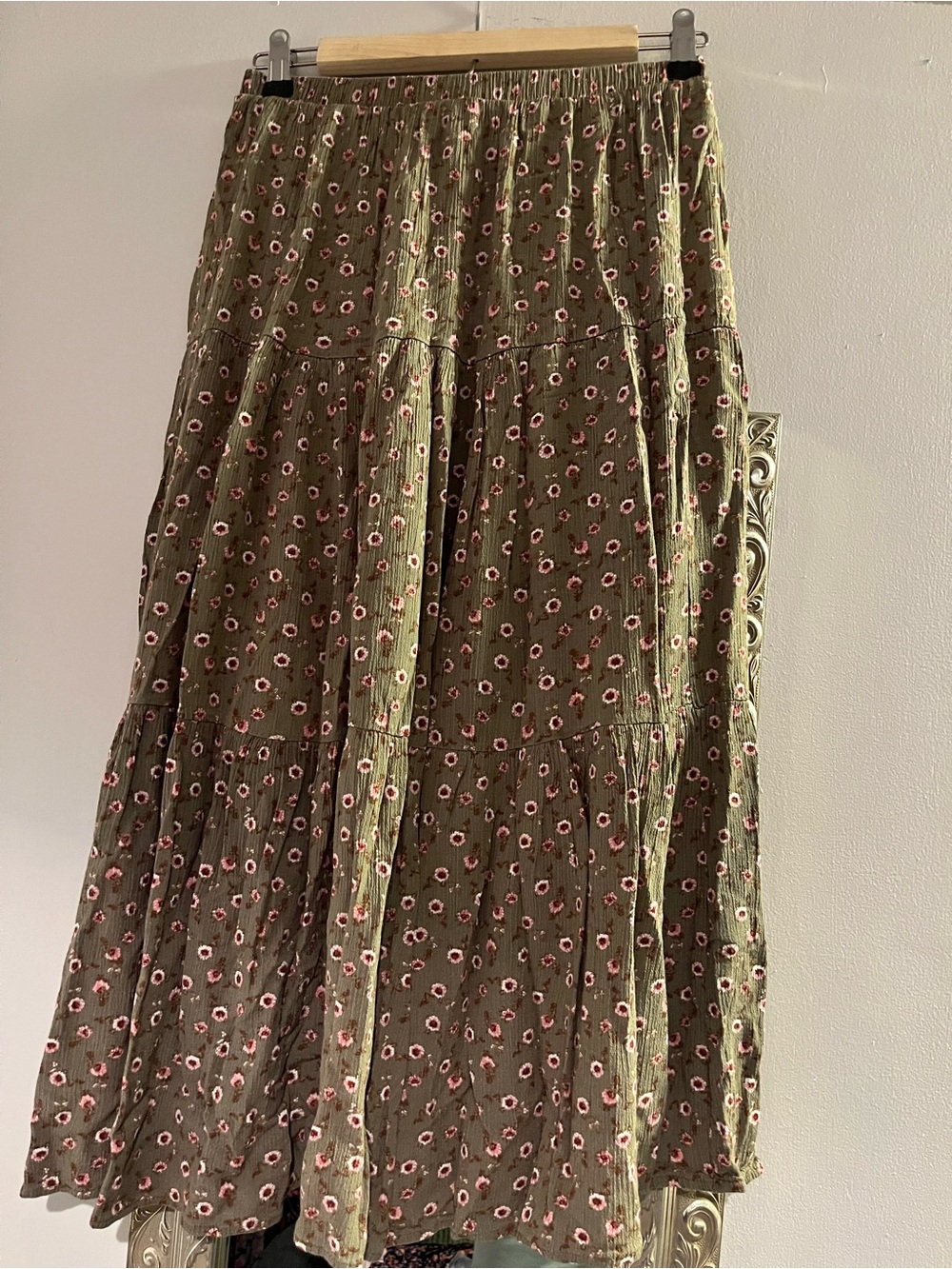 Olive Floral Tiered Maxi Skirt - Women's